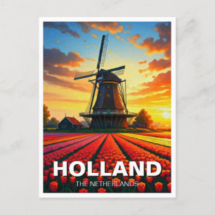 Cartão Postal Tulip Fields Windmill Holland Sunset