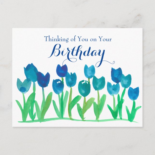 Cartão Postal Tulipa Azul Flores Aquarela Feliz Aniversário (Frente)