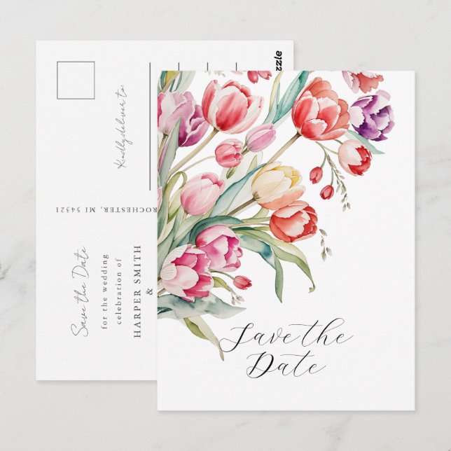 Cartão Postal Tulipas de aquarela do casamento da primavera salv (Frente/Verso)