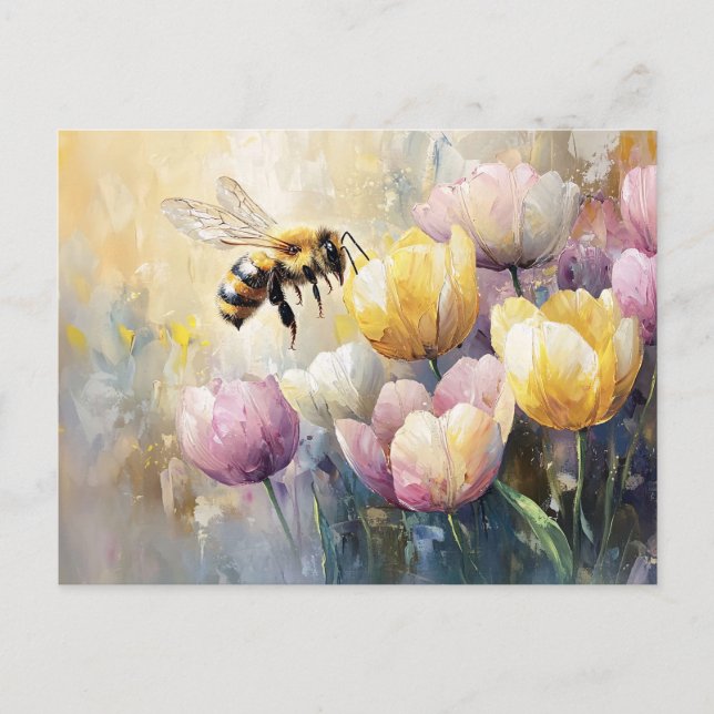Cartão Postal Tulipas de Pastel e abelha de mel (Frente)