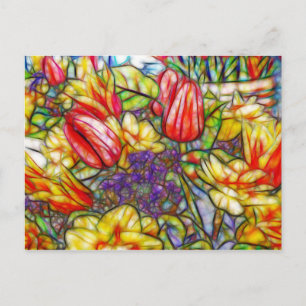 Cartão Postal Tulipas e Arte Colorida Daffodil