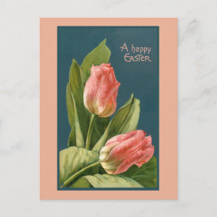 Cartão Postal Tulipas Elegantes Vintage e Saudação de Páscoa