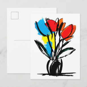 Cartão Postal Tulipas Laranja Vermelho Vibrante Floral Linha Pre