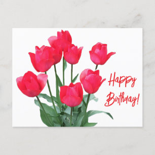 Cartão Postal Tulipas vermelhas Feliz Aniversário, floral brilha