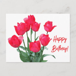 Cartão Postal Tulipas vermelhas Feliz Aniversário, floral brilha