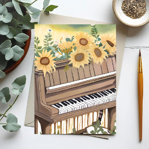 Cartão Postal Tune in Bloom Girassol Floral ao Piano em Aquare