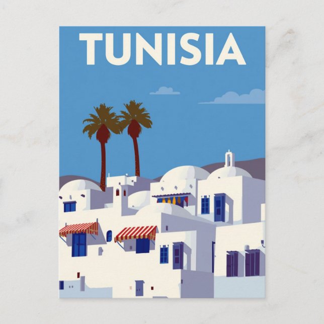 Cartão Postal Tunisia Palm Trees Blue & White Art (Frente)