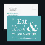Cartão Postal Turquesa Coma Bebida Casamos Com Elopete Retro<br><div class="desc">Convide amigos e família para ajudá-lo a comemorar seu casamento recente com este cartão postal de convite de festas azul turquesa,  Beber & Be Casado! elopement.</div>
