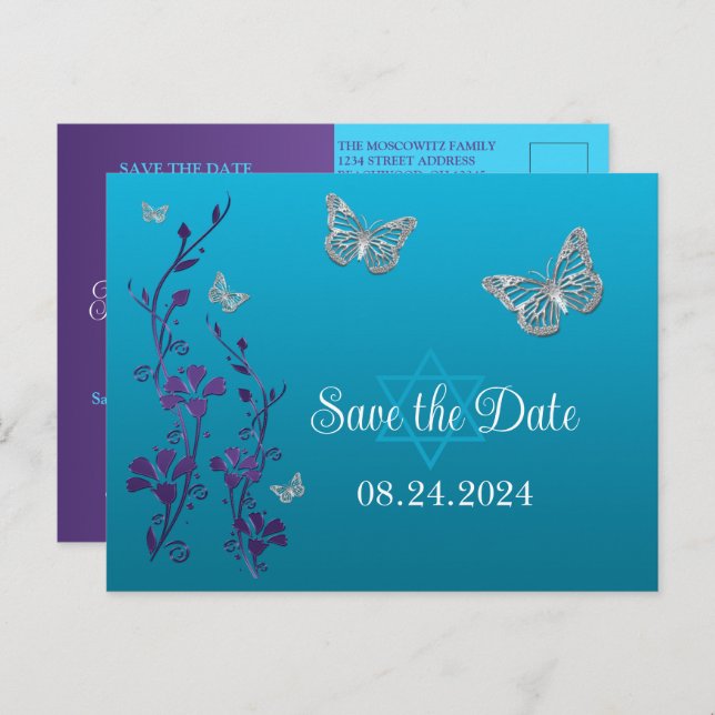Cartão Postal Turquesa, Floral Roxo, Borboletas Bat Mitzvah (Frente/Verso)