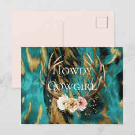 Cartão Postal Turquesa Marrom Dourado Cowhide Deer Antlers Flora