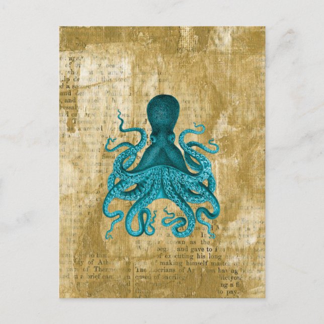 Cartão Postal Turquesa Octopus no Ouro Grunge (Frente)
