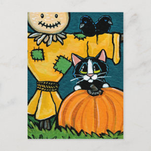Cartão Postal Tuxedo Cat com ilustração de abóbora e espantalho