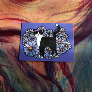 Cartão Postal Tuxedo Cat Daisies Roxo
