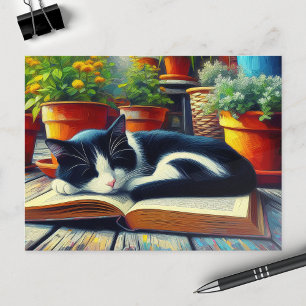 Cartão Postal Tuxedo Cat Dormindo em uma pintura de jardim de li