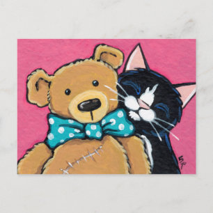 Cartão Postal Tuxedo Cat e Teddy Bear com Arco