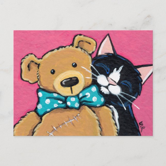 Cartão Postal Tuxedo Cat e Teddy Bear com Arco (Frente)