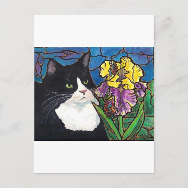 Cartão Postal Tuxedo Cat Iris Flor Borboleta Flor Vidro Estampad (Frente)