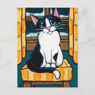 Cartão Postal Tuxedo Cat na pintura da janela de neve