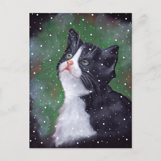 Cartão Postal Tuxedo Cat Olhando Para Blocos De Neve, Pintura (Frente)
