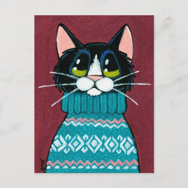 Cartão Postal Tuxedo Cat Vestindo uma pintura de suéter feio (Frente)