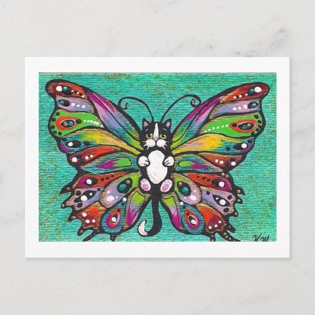 Cartão Postal Tuxedo Catterfly Cat/Butterfly Whimsical Fantasy! (Frente)