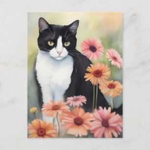Cartão Postal Tuxedo Gato De Aquarela Com Flores De Margarida De