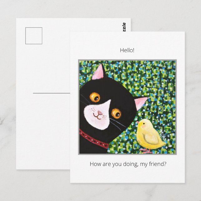 Cartão Postal Tuxedo gato preto e branco com pintinho Alô amigo (Frente/Verso)