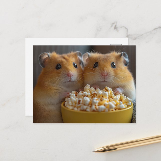 Cartão Postal Two Adorable Hamsters With a Large Popcorn Bowl (Frente/Verso In Situ)