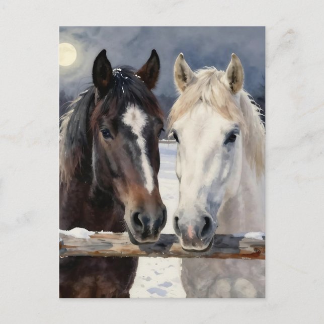 Cartão Postal Two Horses on a Snowy Farm | Keeping in Touch (Frente)