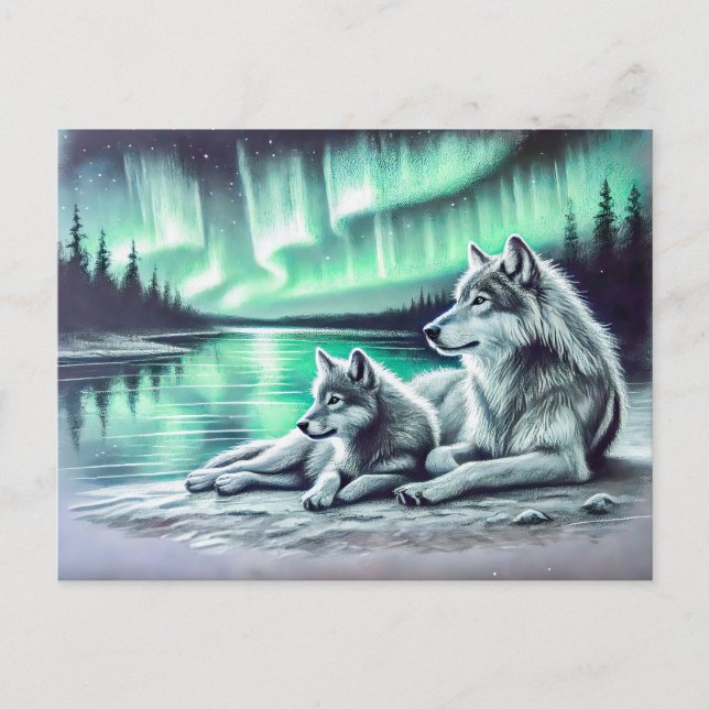 Cartão Postal Two Wolves at the Waters Edge with Northern Lights (Frente)