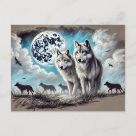 Cartão Postal Two Wolves in Moonlight with Pack