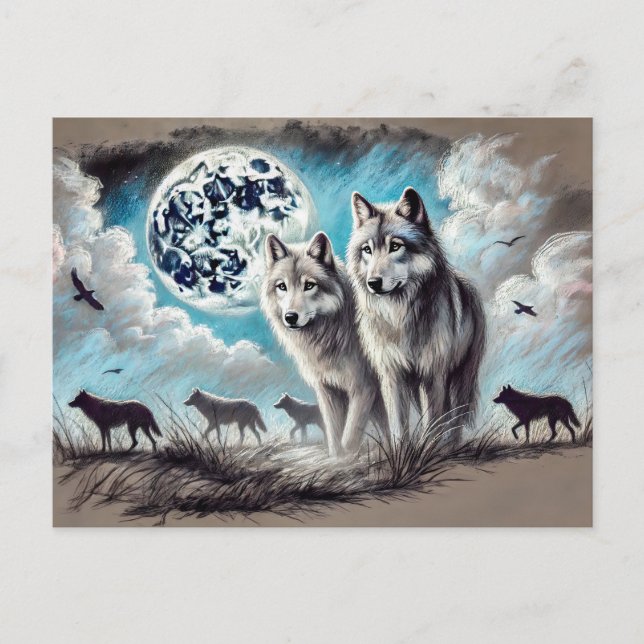 Cartão Postal Two Wolves in Moonlight with Pack (Frente)