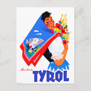 Cartão Postal Tyrol, Áustria.Mulher com flores e cachecol pintad