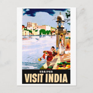 Cartão Postal Udaipur, Índia. Mulheres no lago. Viagens vintage