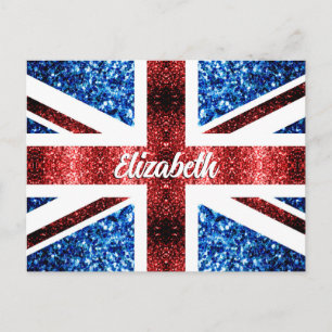 Cartão Postal UK red blue sparkles glitters Nome personalizado