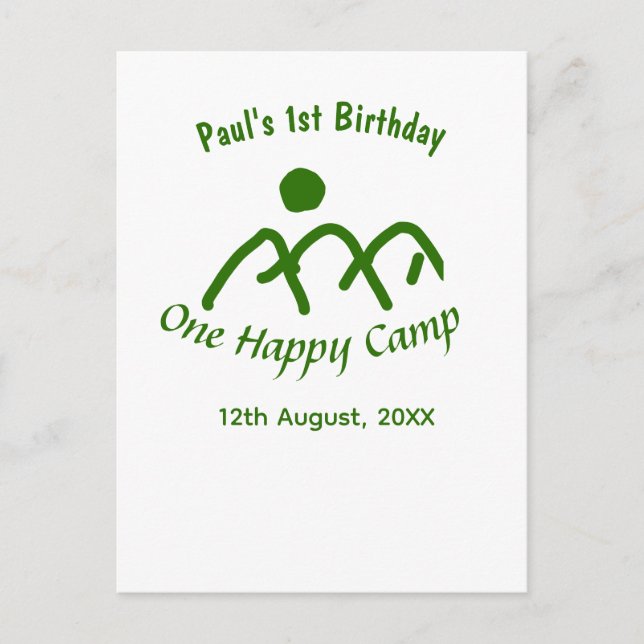 Cartão Postal Um acampamento feliz montanha verde sol 1º anivers (Frente)