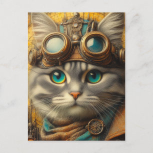 Cartão Postal um adorável gato cinza steampunk