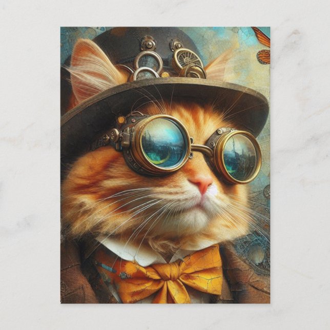 Cartão Postal um adorável gato gengibre steampunk (Frente)