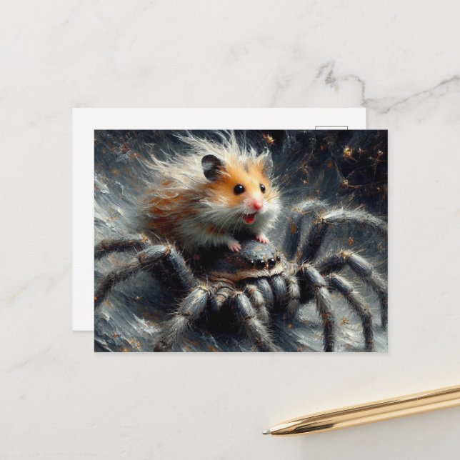 Cartão Postal Um adorável hamster cavalgando uma aranha gigante (Frente/Verso In Situ)