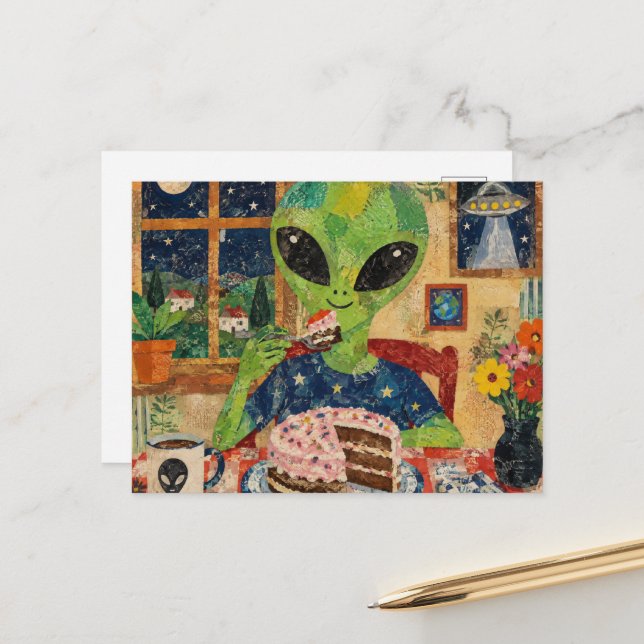 Cartão Postal Um Alien Fofo Comendo Bolo (Frente/Verso In Situ)