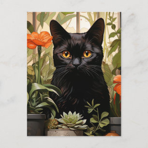 Cartão Postal Um belo gato preto suculentas e flores