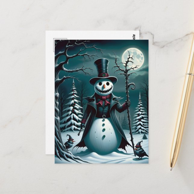 Cartão Postal Um Boneco de Neve Assustador com Pássaros (Frente/Verso In Situ)