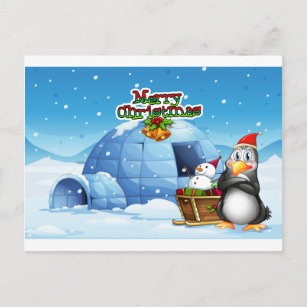 Cartão Postal Um boneco de neve e um pinguim em frente ao iglu