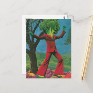 Cartão Postal Um brócolis dançante retrô colorido e lindo