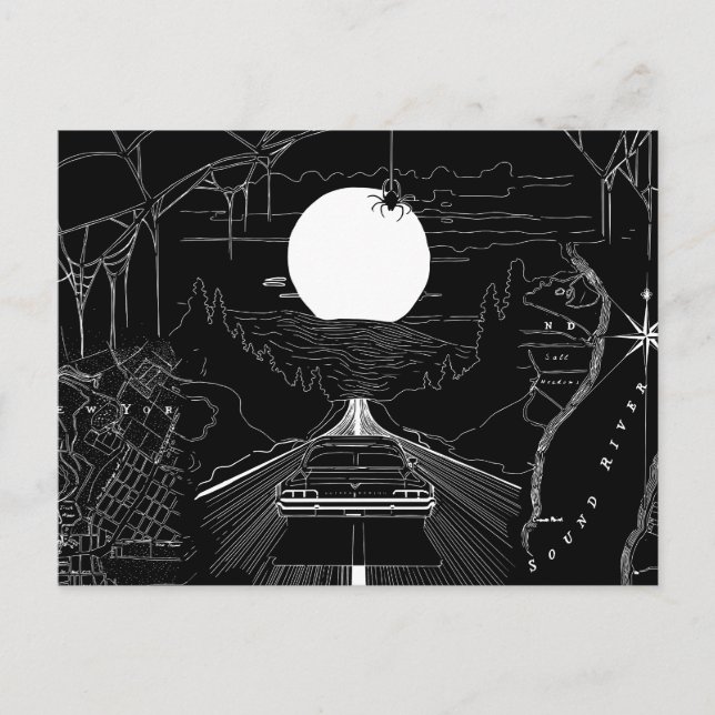 Cartão Postal Um carro atravessando a floresta e montanhas (Frente)