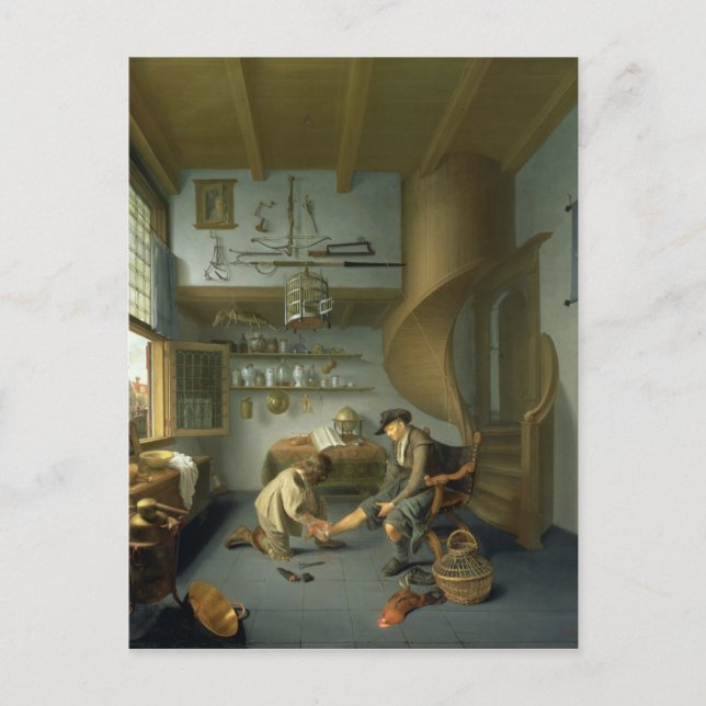 Cartão Postal Um cirurgião barbeiro cuidando do pé de um camponê (Frente)