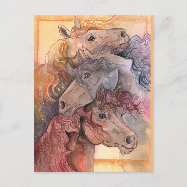 Cartão Postal Um com os Cavalos em Aquarela (Frente)