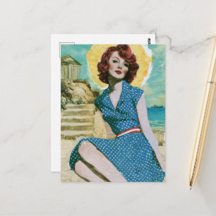 Cartão Postal Um Dia na Praia Mulher Retro em Pontos Azuis