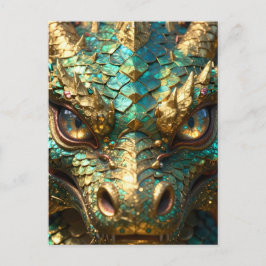 Cartão Postal Um Dragão Místico Turquesa e Dourado