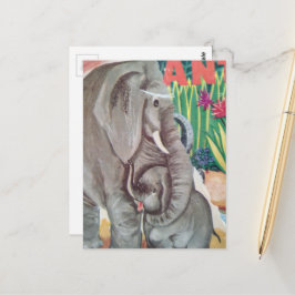 Cartão Postal Um Elefante Bebê e Mãe Fofo Vintage